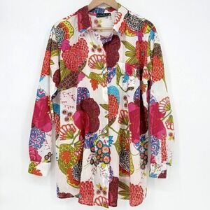 KikiSol Womens XL Cotton Button Down Shirt Floral Abstract Multicolor Tunic Top